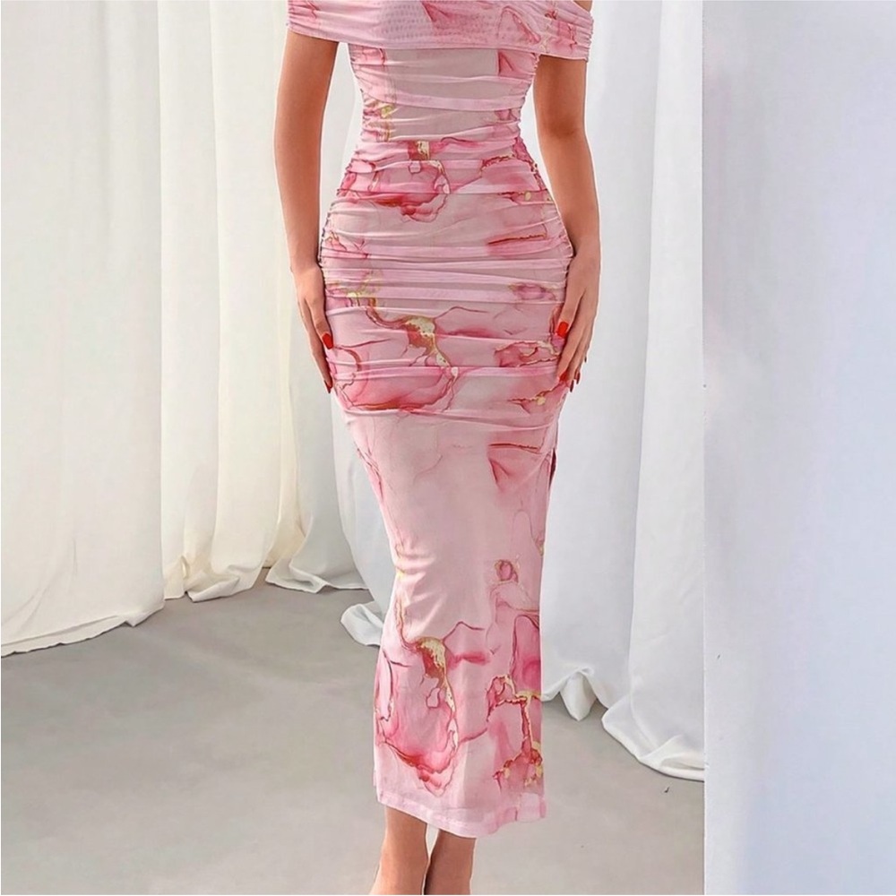 Pink Boho Women's Valentine's Day Floral Print Off-Shoulder Mesh Maxi Dress